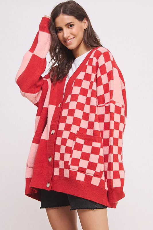 Button Down Long Sleeve Checkered Oversized Cardigan