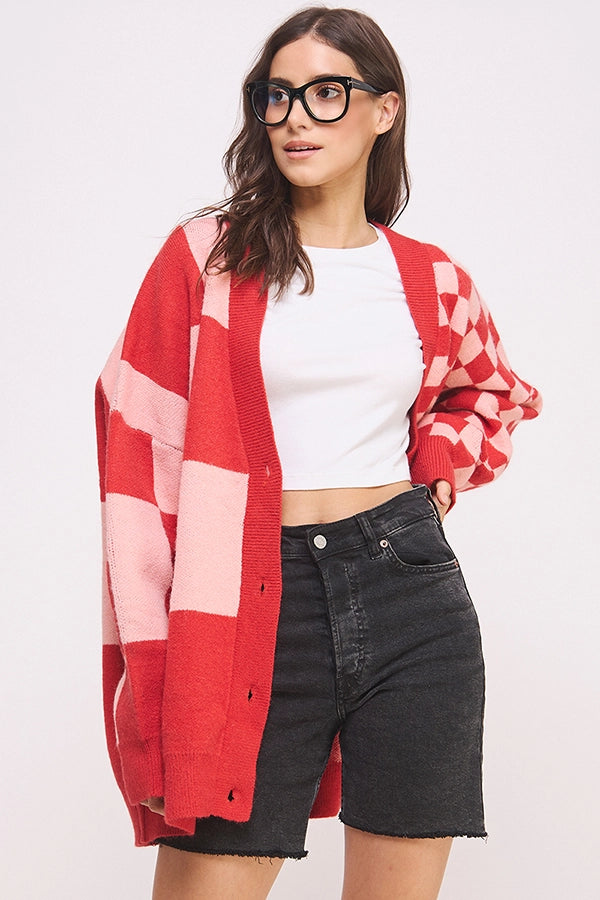 Button Down Long Sleeve Checkered Oversized Cardigan