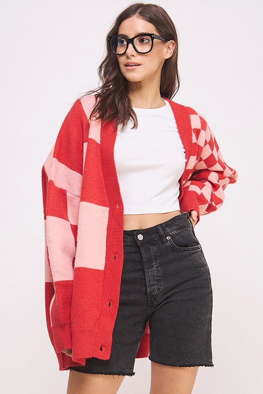 Button Down Long Sleeve Checkered Oversized Cardigan